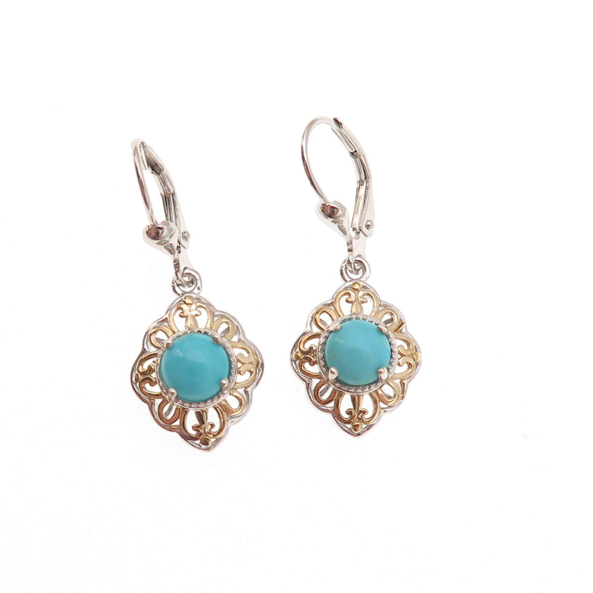 D'Joy 925 Sterling Silver 2-Tone Real Tyrone Turquoise Floral Dangle Earrings