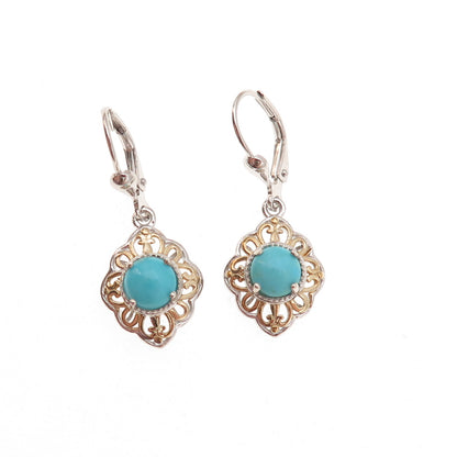 D'Joy 925 Sterling Silver 2-Tone Real Tyrone Turquoise Floral Dangle Earrings