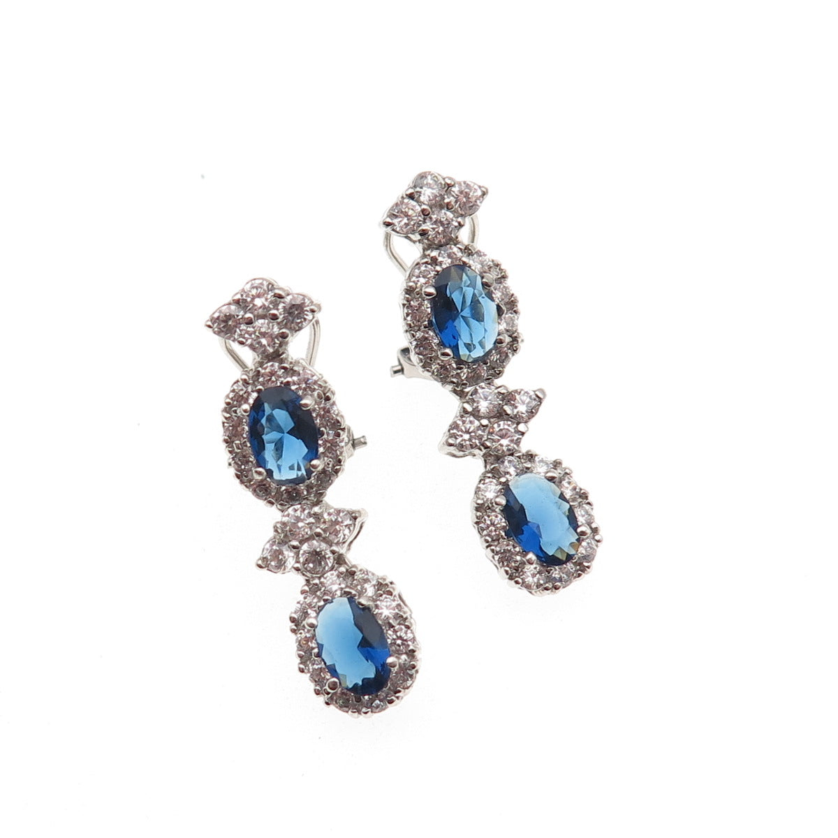 925 Sterling Silver Blue & White C Z Bohemian Omega Back Earrings