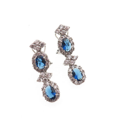 925 Sterling Silver Blue & White C Z Bohemian Omega Back Earrings
