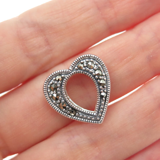 925 Sterling Silver Vintage Real Marcasite Heart Minimalist Slide Charm Pendant