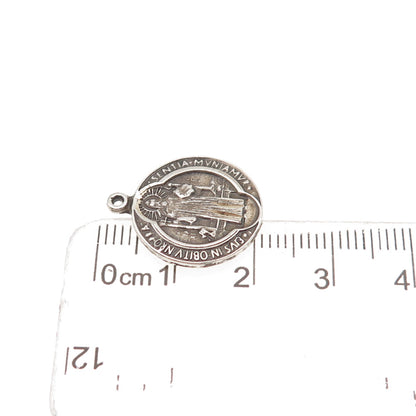 925 Sterling Silver Vintage Saint Benedict Oxidized Mini Charm Pendant