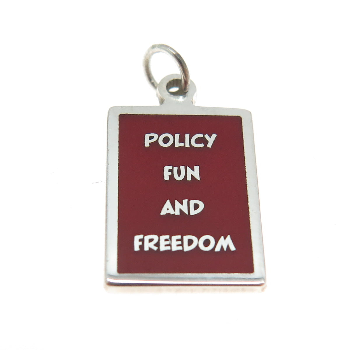 925 Sterling Silver Red Enamel "Policy Fun & Freedom" Minimalist Charm Pendant