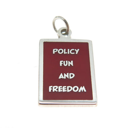 925 Sterling Silver Red Enamel "Policy Fun & Freedom" Minimalist Charm Pendant