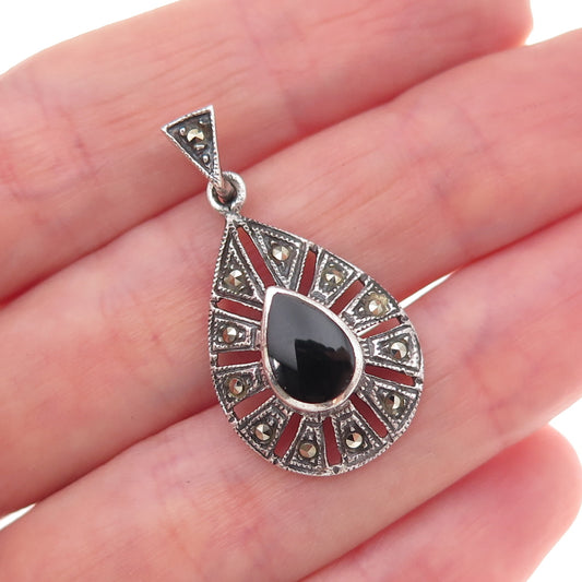 925 Sterling Silver Vintage Real Black Onyx & Marcasite Teardrop Charm Pendant