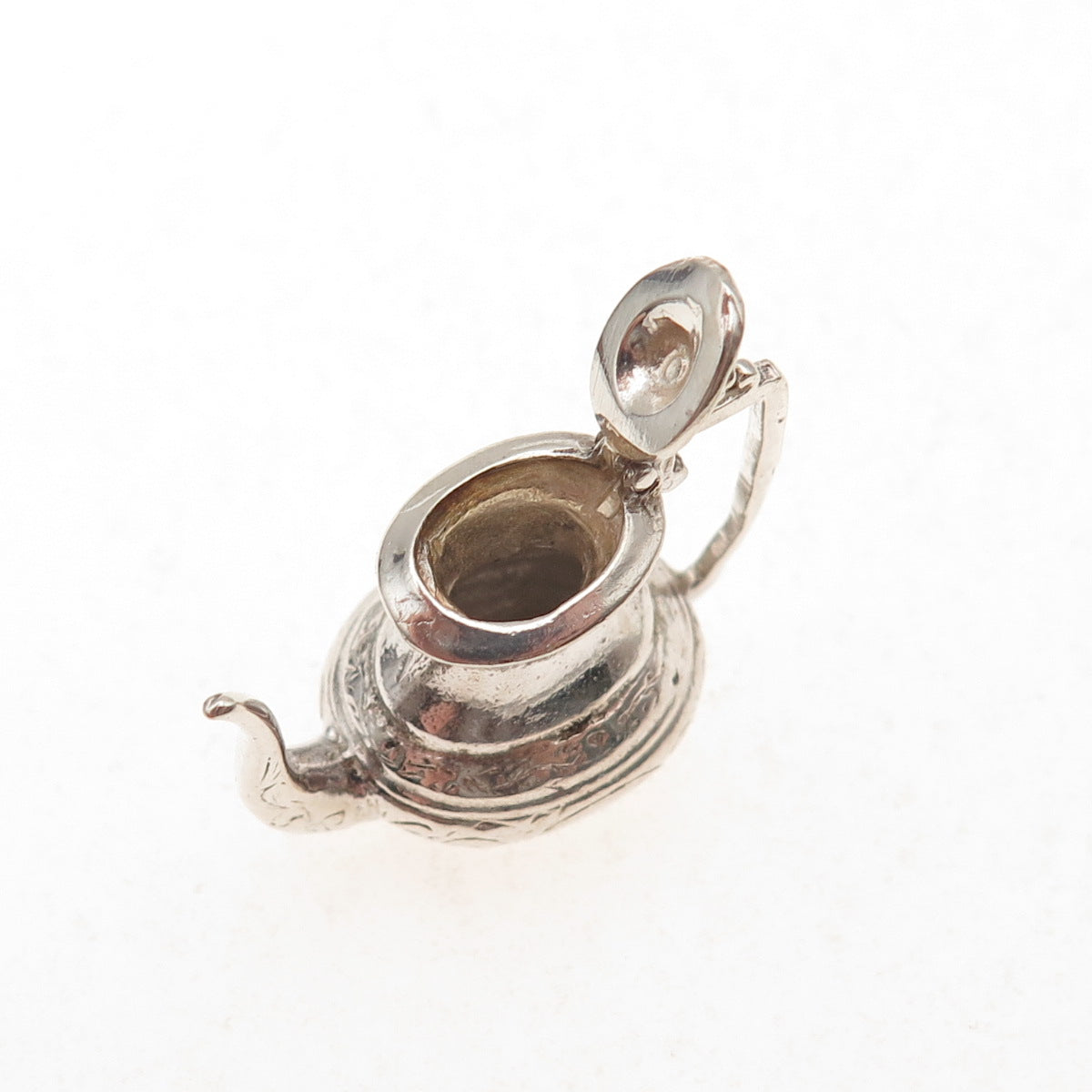 925 Sterling Silver Antique Art Deco Teapot Oxidized 3D Open Charm Pendant