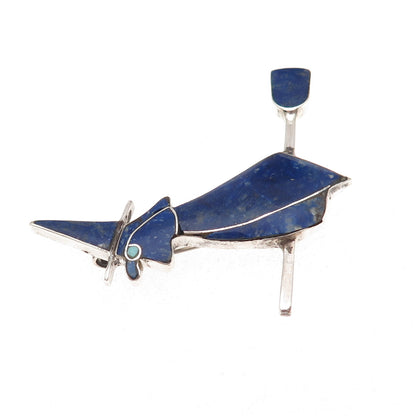 980 Silver Vintage Real Lapis Turquoise Witch & Broomstick Pin Brooch / Pendant