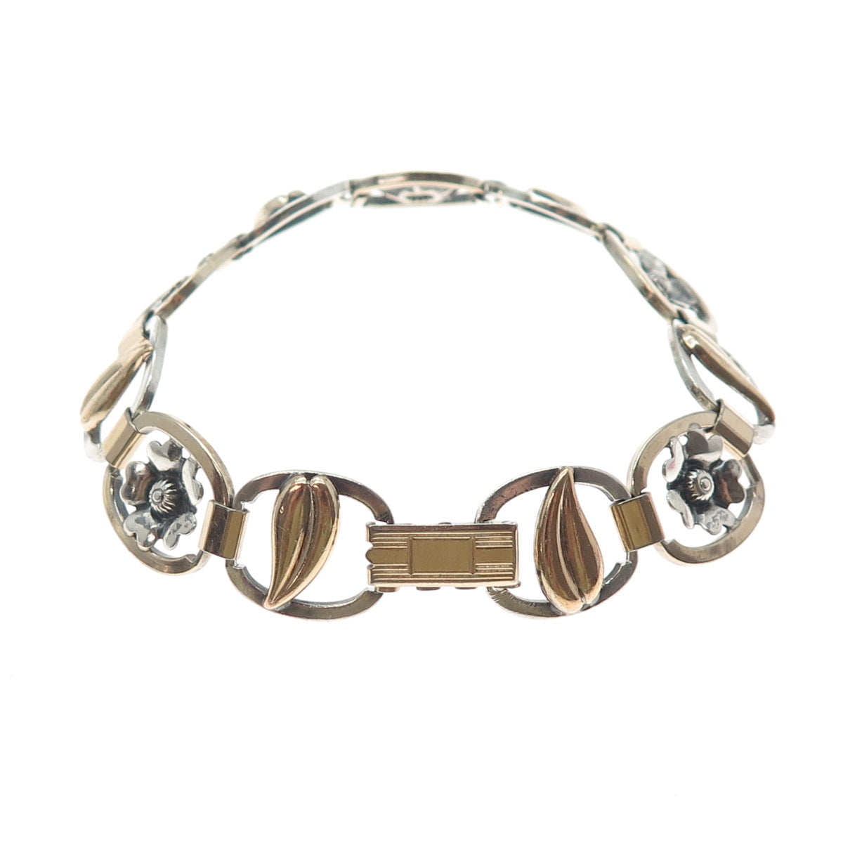 925 Sterling Silver 1/20 10K Gold Filled Antique Art Deco Flower Bracelet 7"