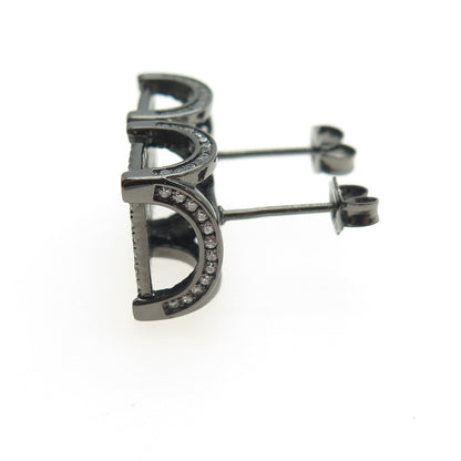925 Sterling Silver Round-Cut C Z Black Rhodium Stud Earrings