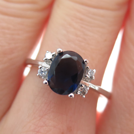 925 Sterling Silver Real Oval-Cut Blue Spinel & Round-Cut C Z Ring Size 7.75