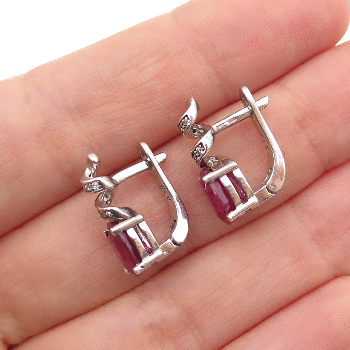 925 Sterling Silver Real Oval-Cut Ruby & Round-Cut C Z Swirl Earrings