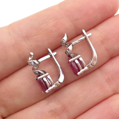 925 Sterling Silver Real Oval-Cut Ruby & Round-Cut C Z Swirl Earrings
