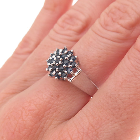 925 Sterling Silver Vintage Real Round-Cut Sapphire Floral Ring Size 7