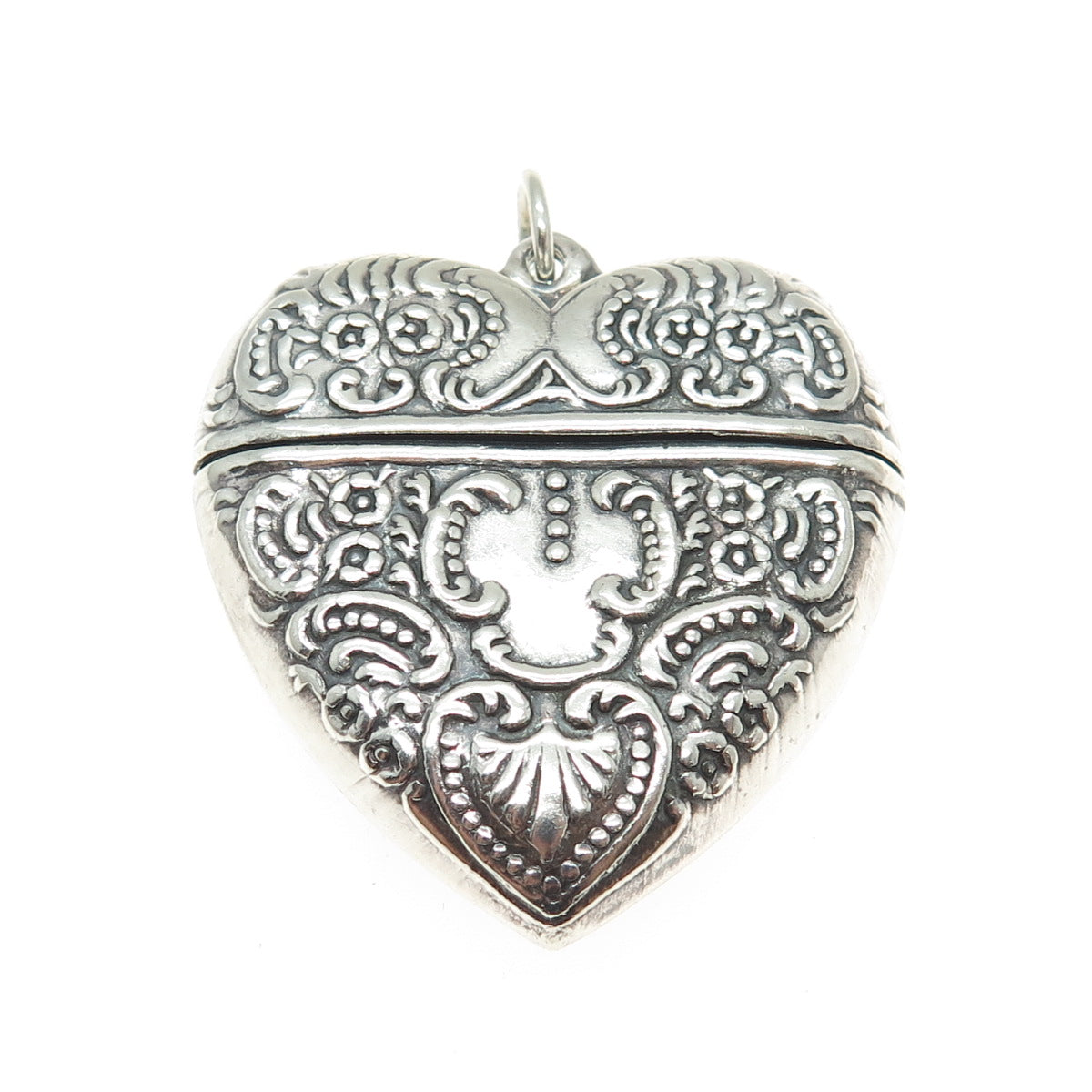 925 Sterling Silver Vintage Repousse Oxidized Heart Box Pendant