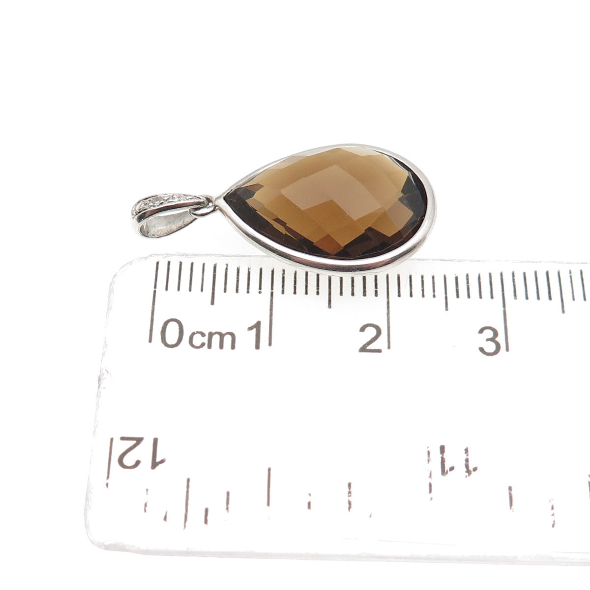 925 Sterling Silver Real Round-Cut Diamond & Pear-Cut Smoky Quartz Charm Pendant