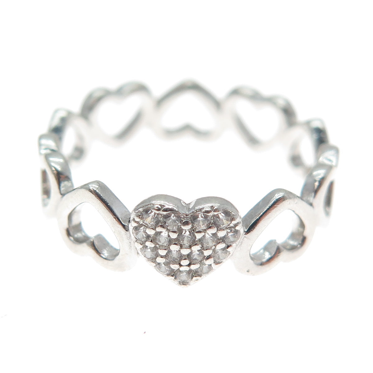 925 Sterling Silver Round-Cut C Z Heart All Around Ring Size 8