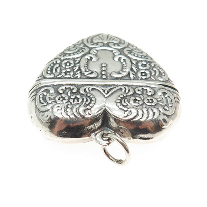 925 Sterling Silver Vintage Repousse Oxidized Heart Box Pendant