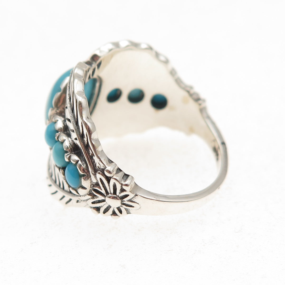 925 Sterling Silver Real Sleeping Beauty Turquoise Floral Ring Size 8.25