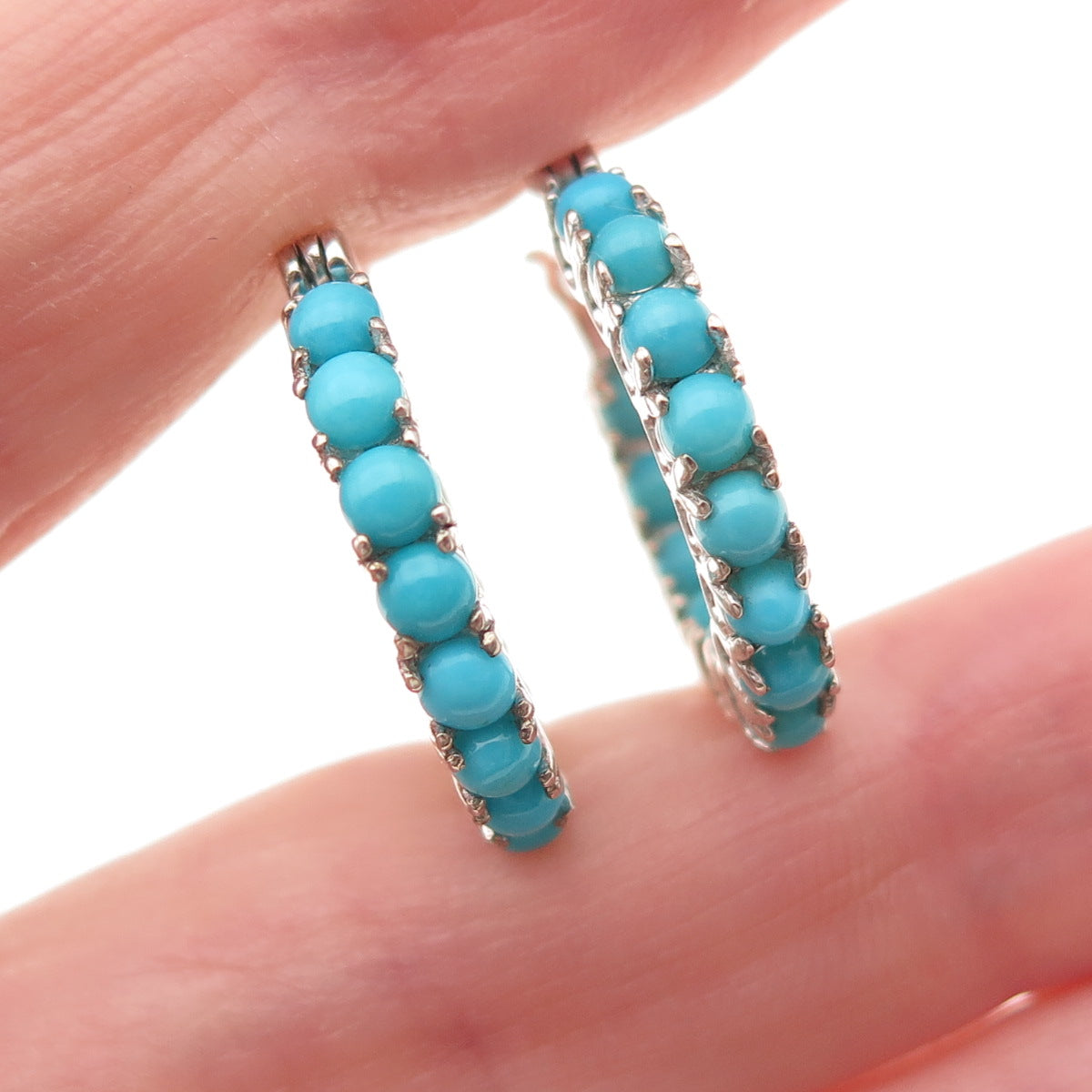 D'Joy 925 Sterling Silver Real Sleeping Beauty Turquoise In & Out Hoop Earrings