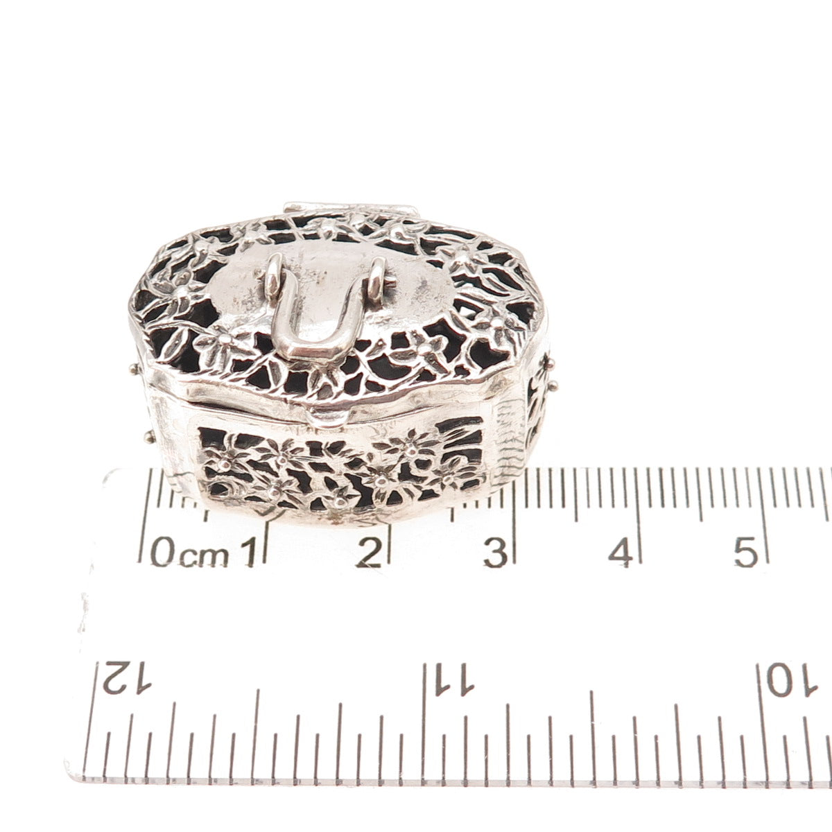 925 Sterling Silver Vintage Floral Oxidized Pill / Snuff Box Pendant