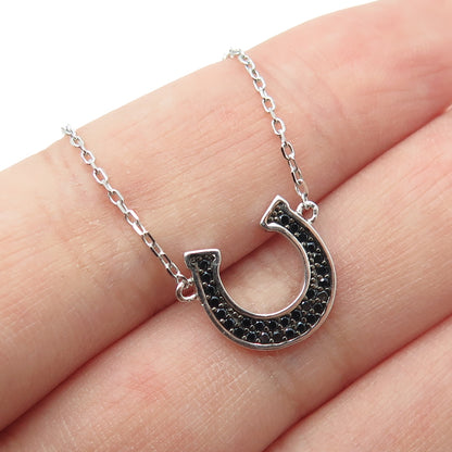 925 Sterling Silver Round-Cut Black Spinel Horseshoe Cable Chain Necklace 16-18"