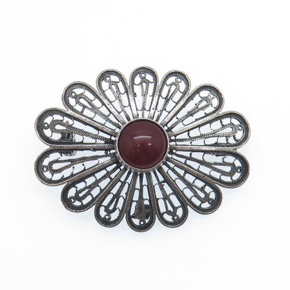 925 Sterling Vintage Israel Real Carnelian Filigree Flower Oxidized Pin Brooch