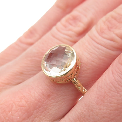 925 Sterling Silver Gold Plated Real Prasiolite Modernist Ring Size 6.75