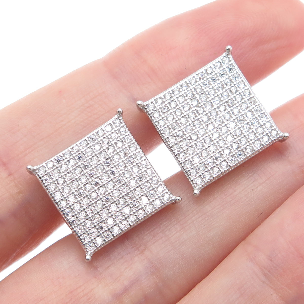 925 Sterling Silver Round-Cut C Z Sparkle Square Stud Earrings