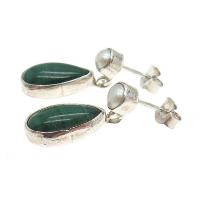 925 Sterling Silver Vintage Real Pearl & Malachite Gemstone Drop Earrings