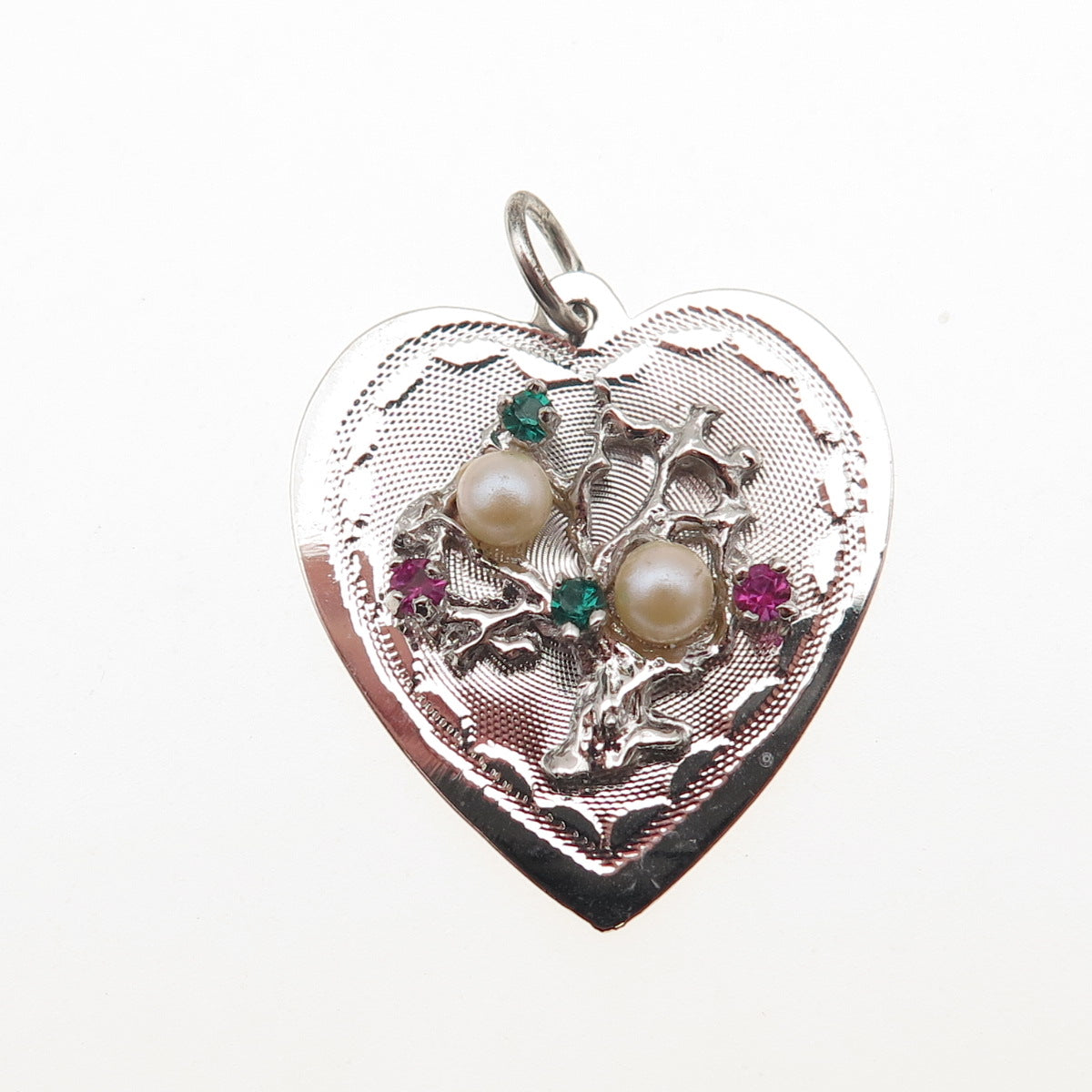 925 Sterling Silver Vintage Faux Pearl & Rhinestone Tree of Life Heart Pendant