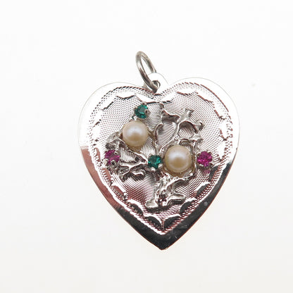 925 Sterling Silver Vintage Faux Pearl & Rhinestone Tree of Life Heart Pendant