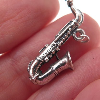 925 Sterling Silver Antique Art Deco Saxophone Oxidized 3D Charm Pendant