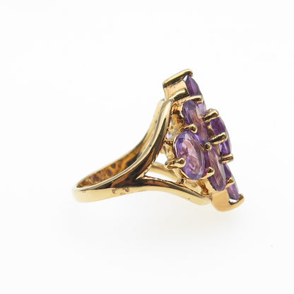 925 Sterling Silver Gold Plated Real Oval-Cut Amethyst Cluster Ring Size 7.25