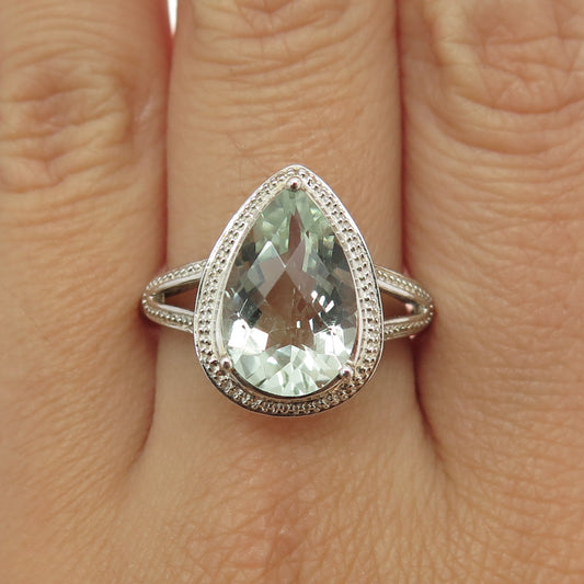 925 Sterling Silver Vintage Real Pear-Cut Green Amethyst Teardrop Ring Size 10