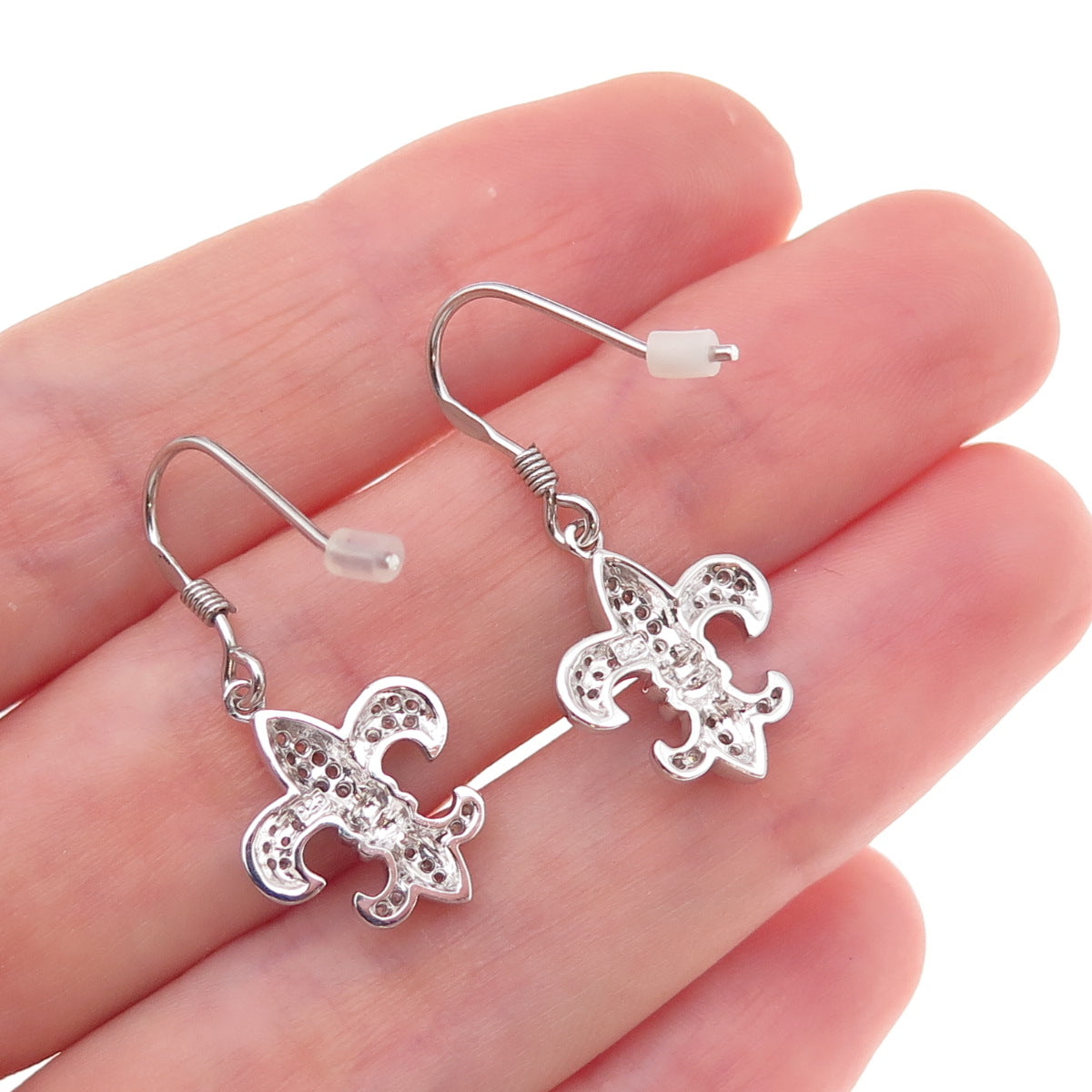 925 Sterling Silver Round-Cut C Z Fleur de Lis Dangle Earrings
