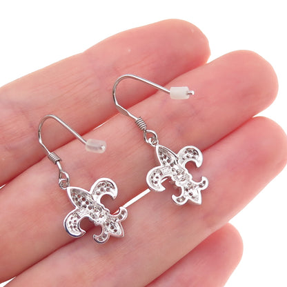 925 Sterling Silver Round-Cut C Z Fleur de Lis Dangle Earrings
