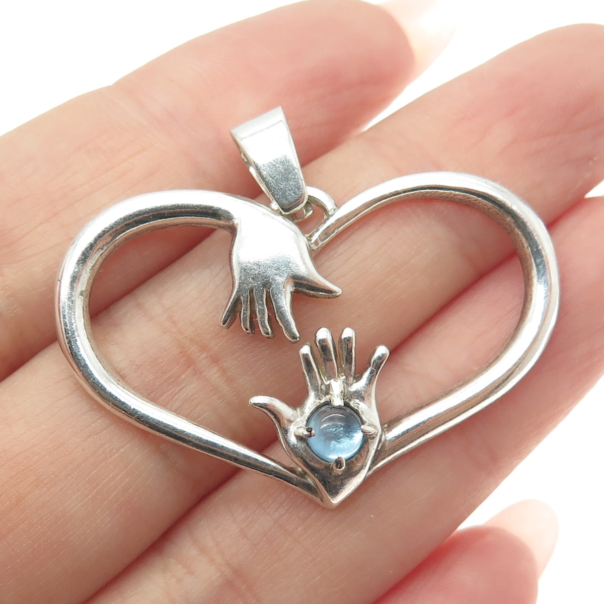 925 Sterling Silver Vintage Real Blue Topaz Hug Heart Pendant