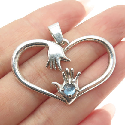 925 Sterling Silver Vintage Real Blue Topaz Hug Heart Pendant