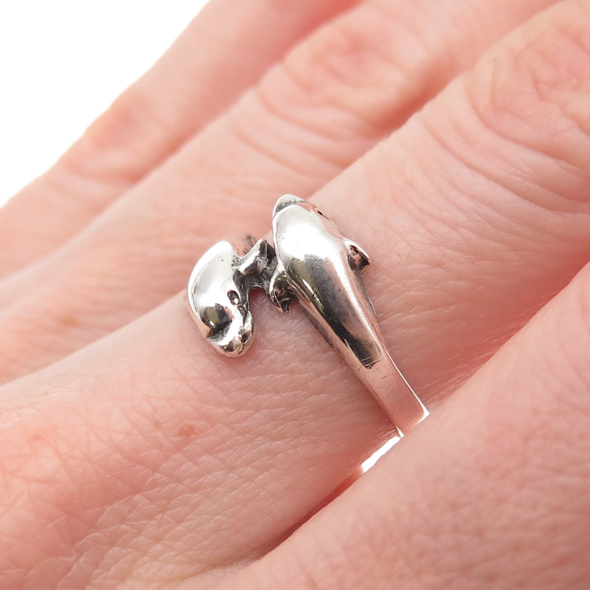 925 Sterling Silver Vintage Dolphin Couple Oxidized Bypass Ring Size 6.5