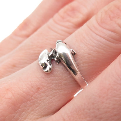925 Sterling Silver Vintage Dolphin Couple Oxidized Bypass Ring Size 6.5