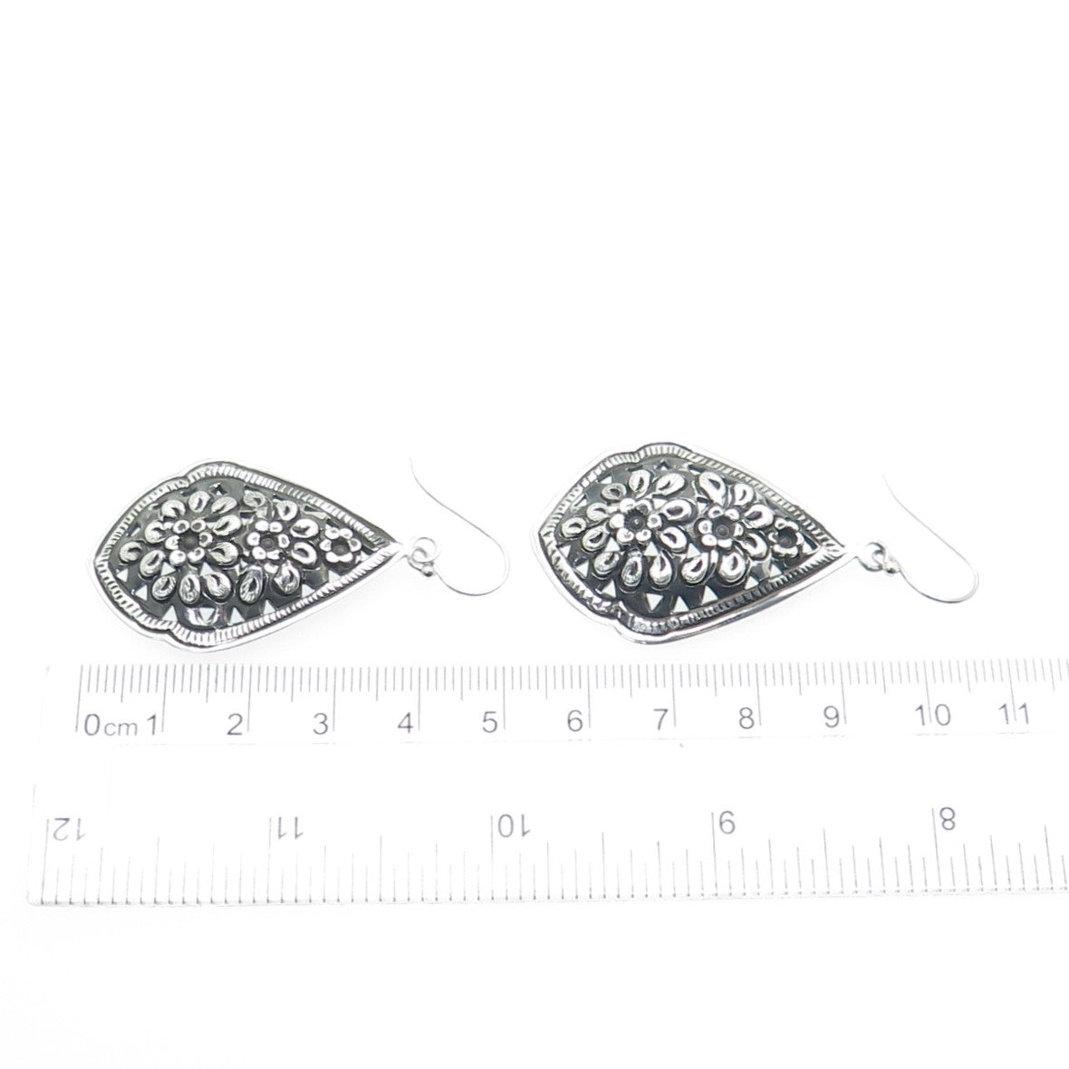 925 Sterling Silver Vintage Floral Dangle Oxidized Earrings