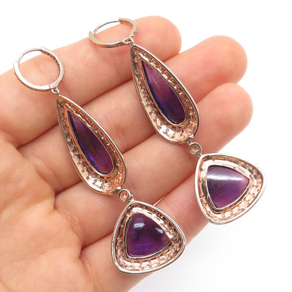 925 Sterling Silver Rose Gold Plated Real Diamond & Amethyst Dangle Earrings