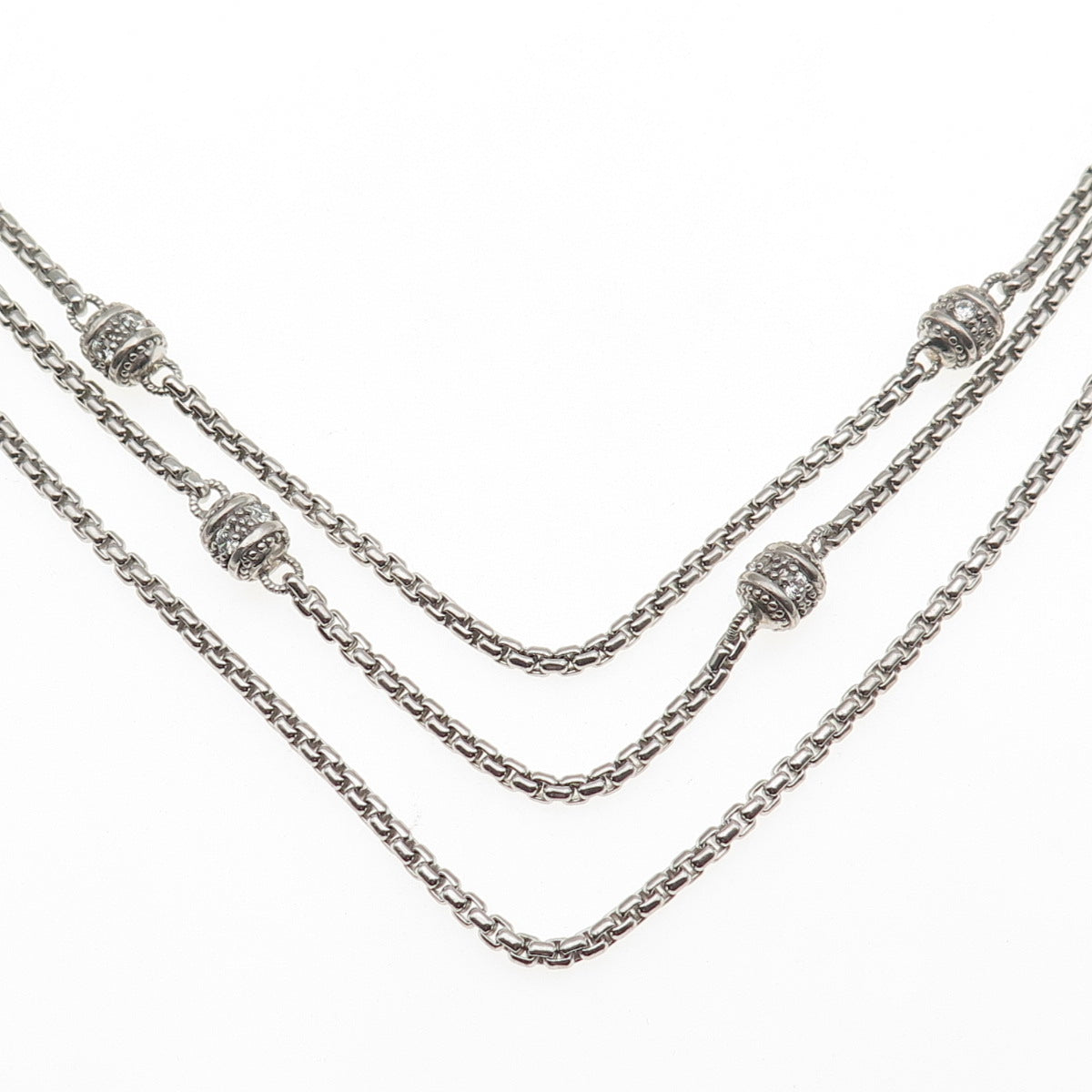 JUDITH RIPKA Sterling Silver C Z Station Round Box 3-Strand Chain Necklace 18"