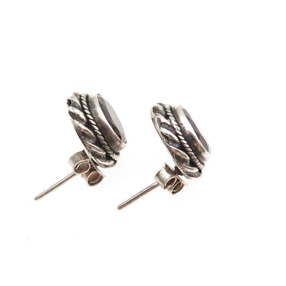 925 Sterling Silver Vintage Real Red Garnet Oxidized Stud Earrings