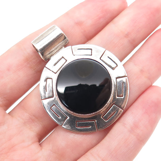 925 Sterling Silver Vintage CII Mexico Real Black Onyx Greek Key Slide Pendant