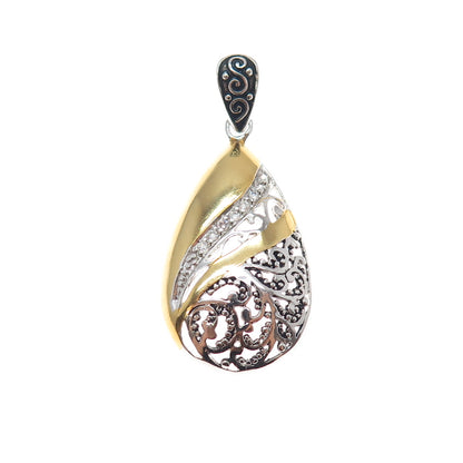 925 Sterling Silver 2-Tone Round-Cut C Z Granulated Teardrop Charm Pendant
