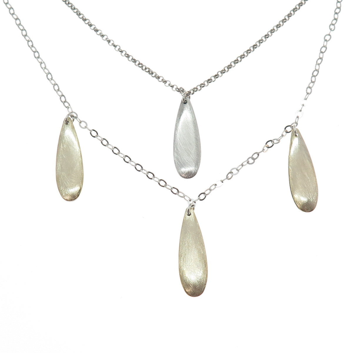 925 Sterling Silver 2-Tone Vintage Modernist Teardrop Double Chain Necklace 16"