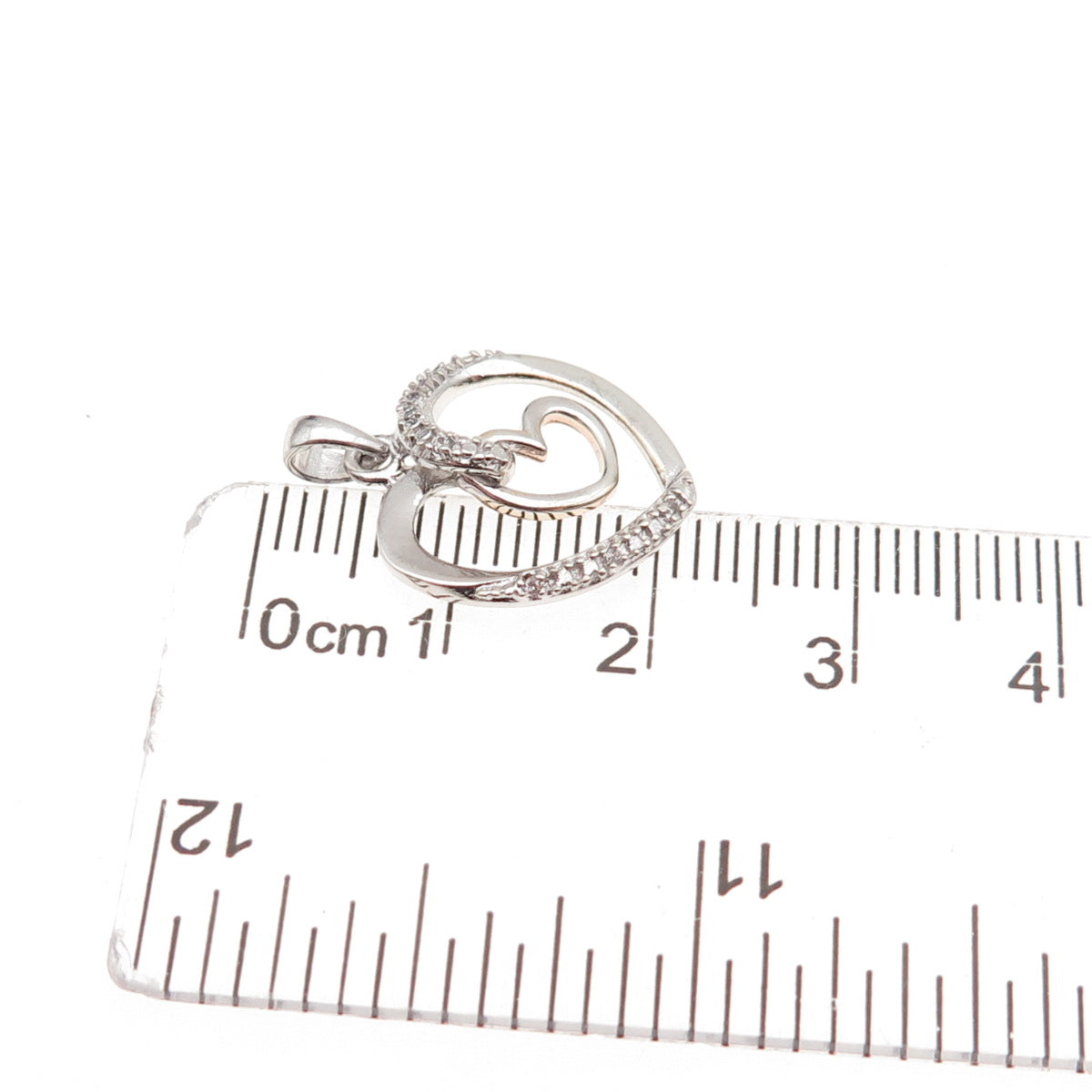 925 Sterling Silver Round-Cut C Z Double Heart Mini Charm Pendant
