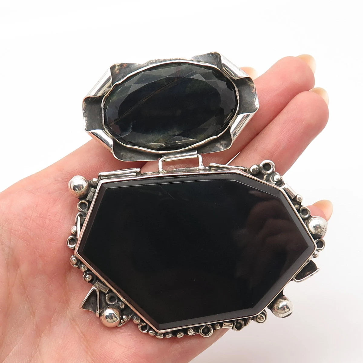 925 Sterling Silver Vintage Real Black Agate Gemstone Modernist Pendant