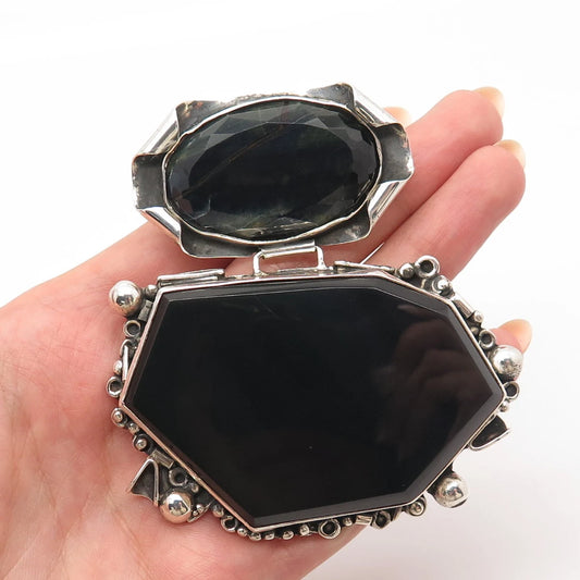 925 Sterling Silver Vintage Real Black Agate Gemstone Modernist Pendant